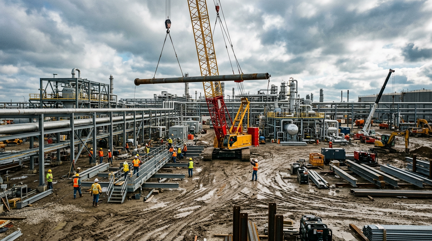 Строительная площадка объекта нефтегаза: монтаж трубопроводов и оборудования