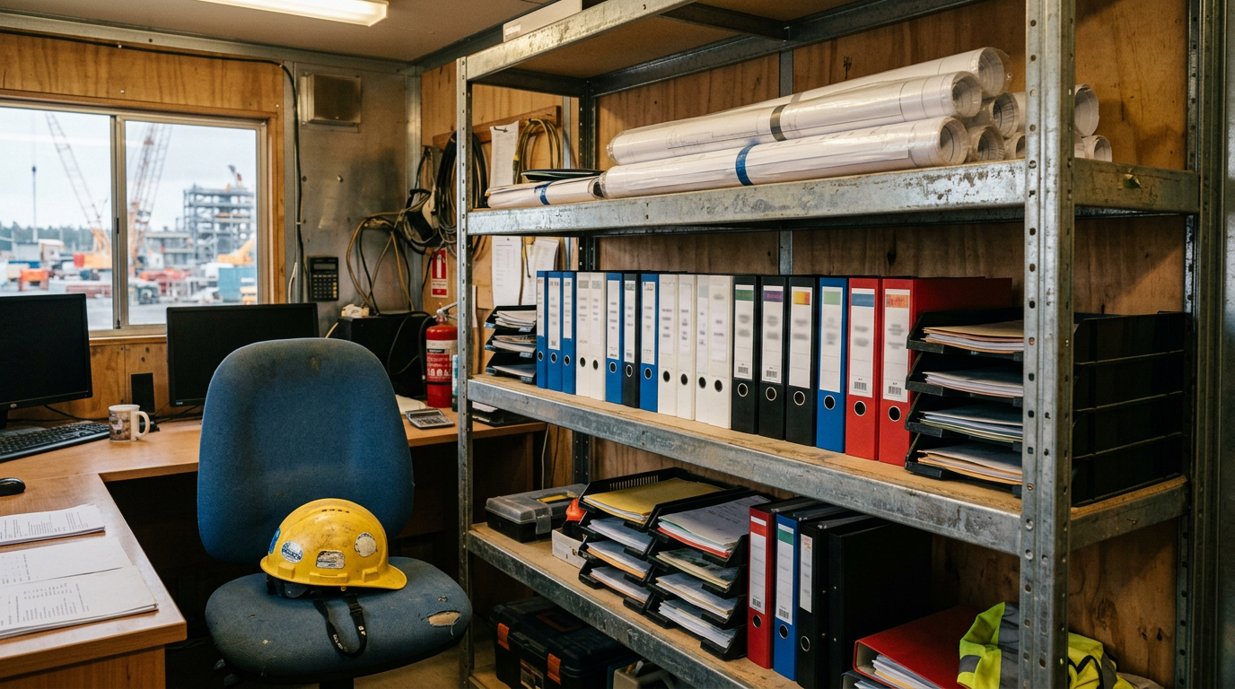 Документооборот и комплекты проектной документации в офисе на стройке нефтегаза
