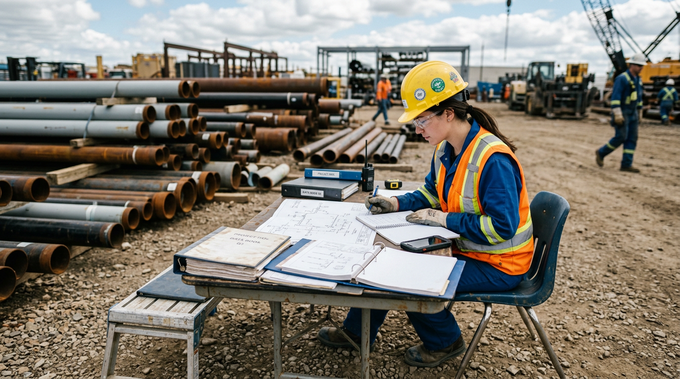 Инженер ПТО с чертежами трубопроводной обвязки на площадке нефтегазового строительства