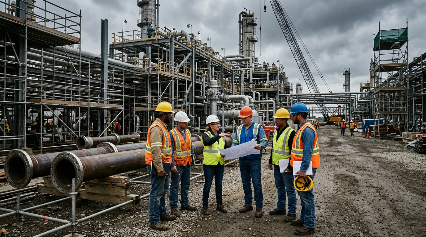 Инженеры и руководители работ на стройке нефтегазового объекта