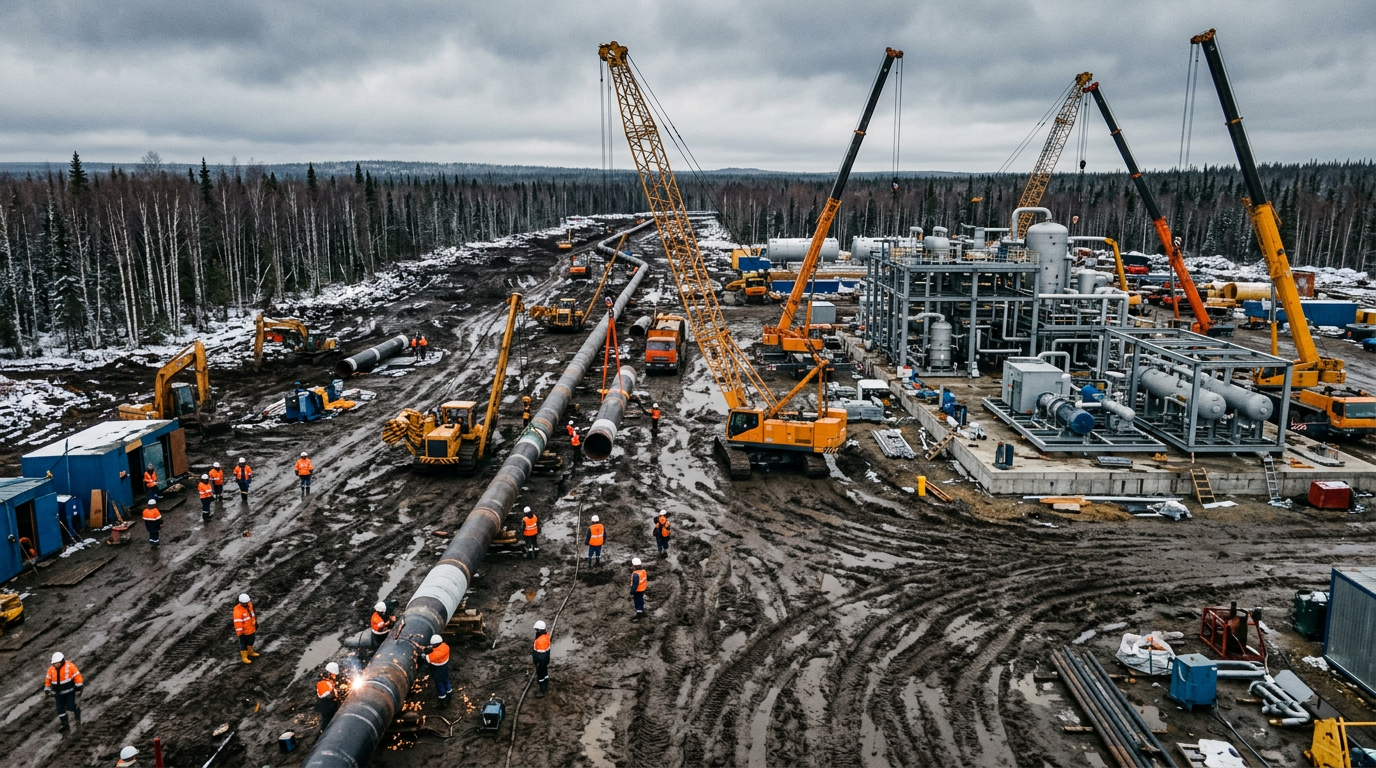 Строительная площадка крупного нефтегазового объекта в России: монтаж оборудования и трубопроводов