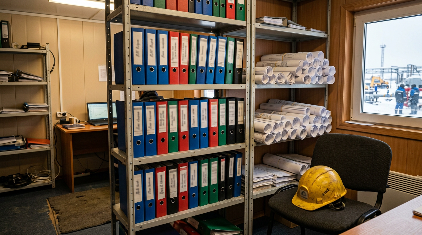 Документооборот и комплекты проектной документации в офисе на стройке нефтегаза
