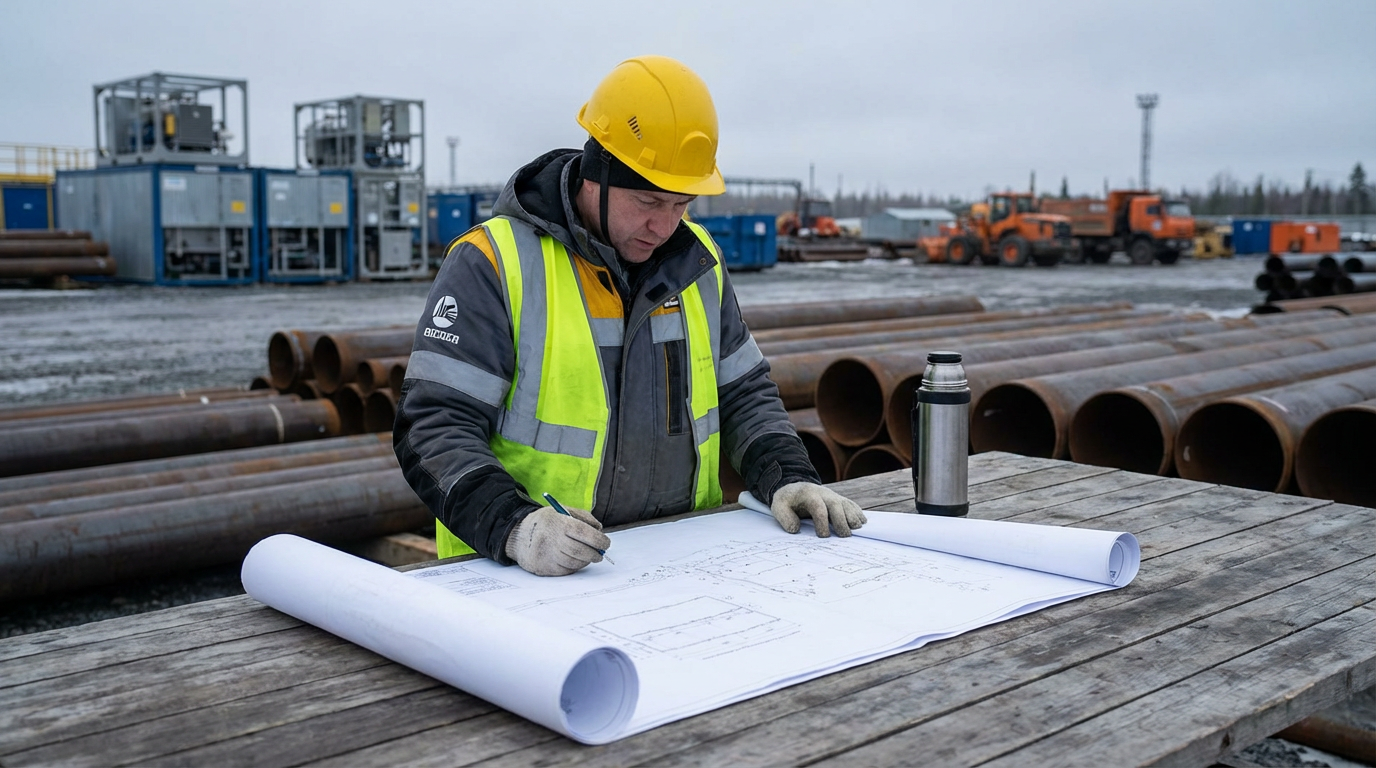 Инженер с проектной документацией на площадке строительства нефтегазовой инфраструктуры