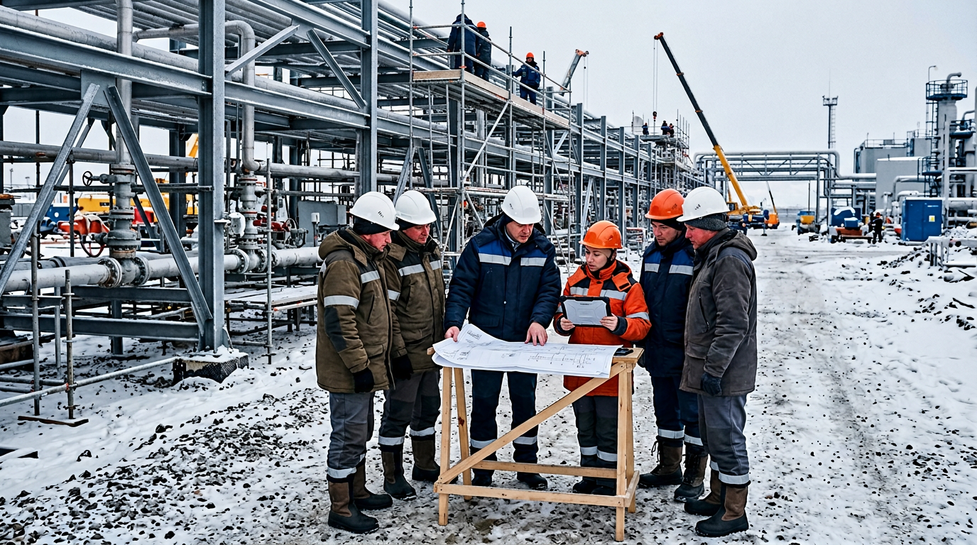 Инженеры и руководители работ на стройке нефтегазового объекта в России согласуют задачи и сроки