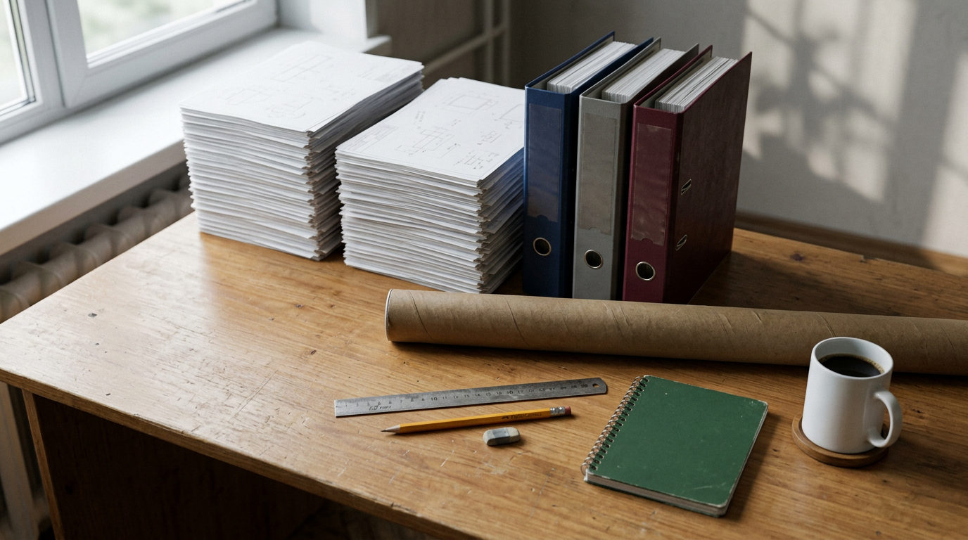 Инженерный стол с комплектом проектной и исполнительной документации, типичный для работы ПТО в России