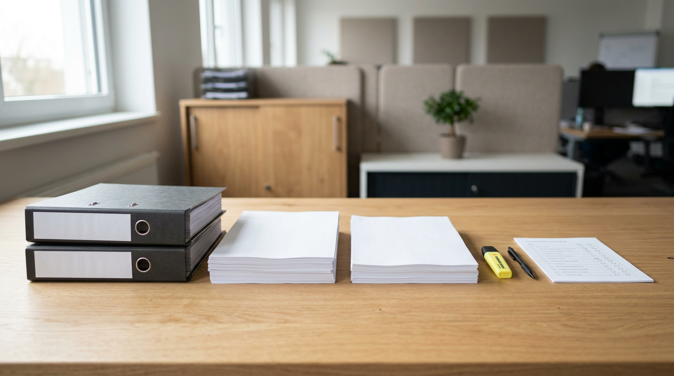 Упорядоченный комплект проектной и исполнительной документации на столе инженера