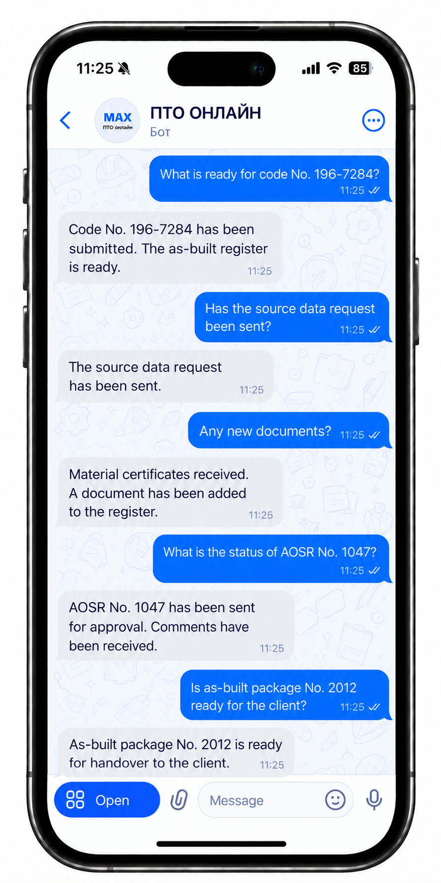 MAX conversation with the AI agent about the as-built register, source data requests, code submission and AOSR status